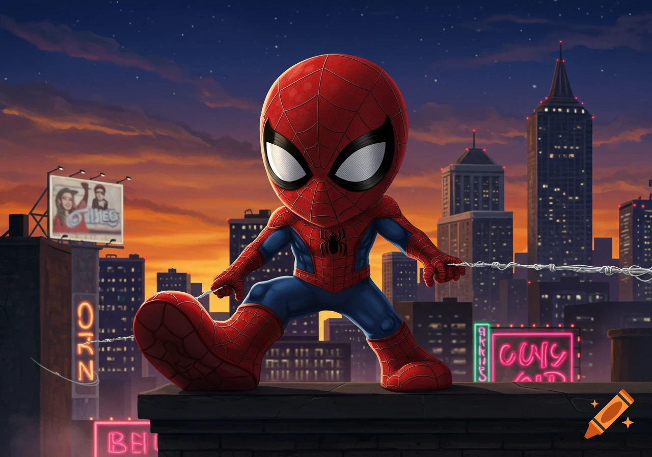 Chibi Spider-Man with large feet standing on a rooftop at sunset, overlooking a city skyline.