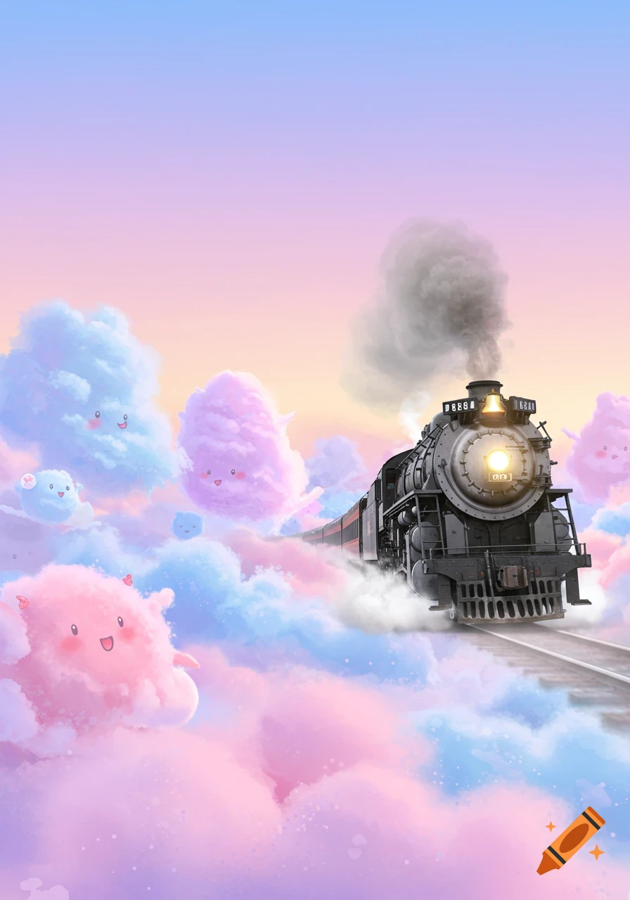 A realistic black steam train with glowing headlights travels through a pastel sky filled with smiling, fluffy cotton candy clouds.