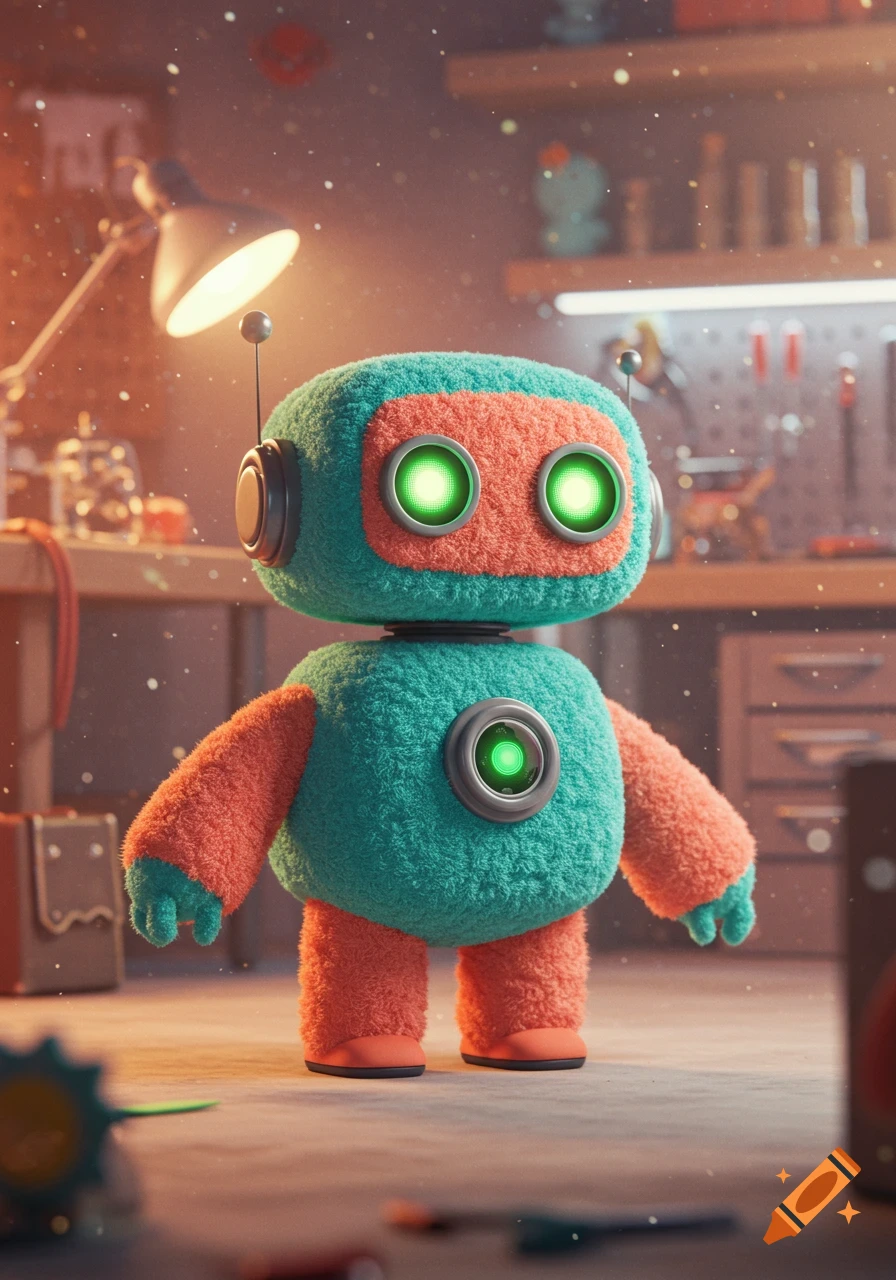 A fluffy, teal and orange robot with glowing green eyes stands in a cluttered workshop, under a bright lamp.