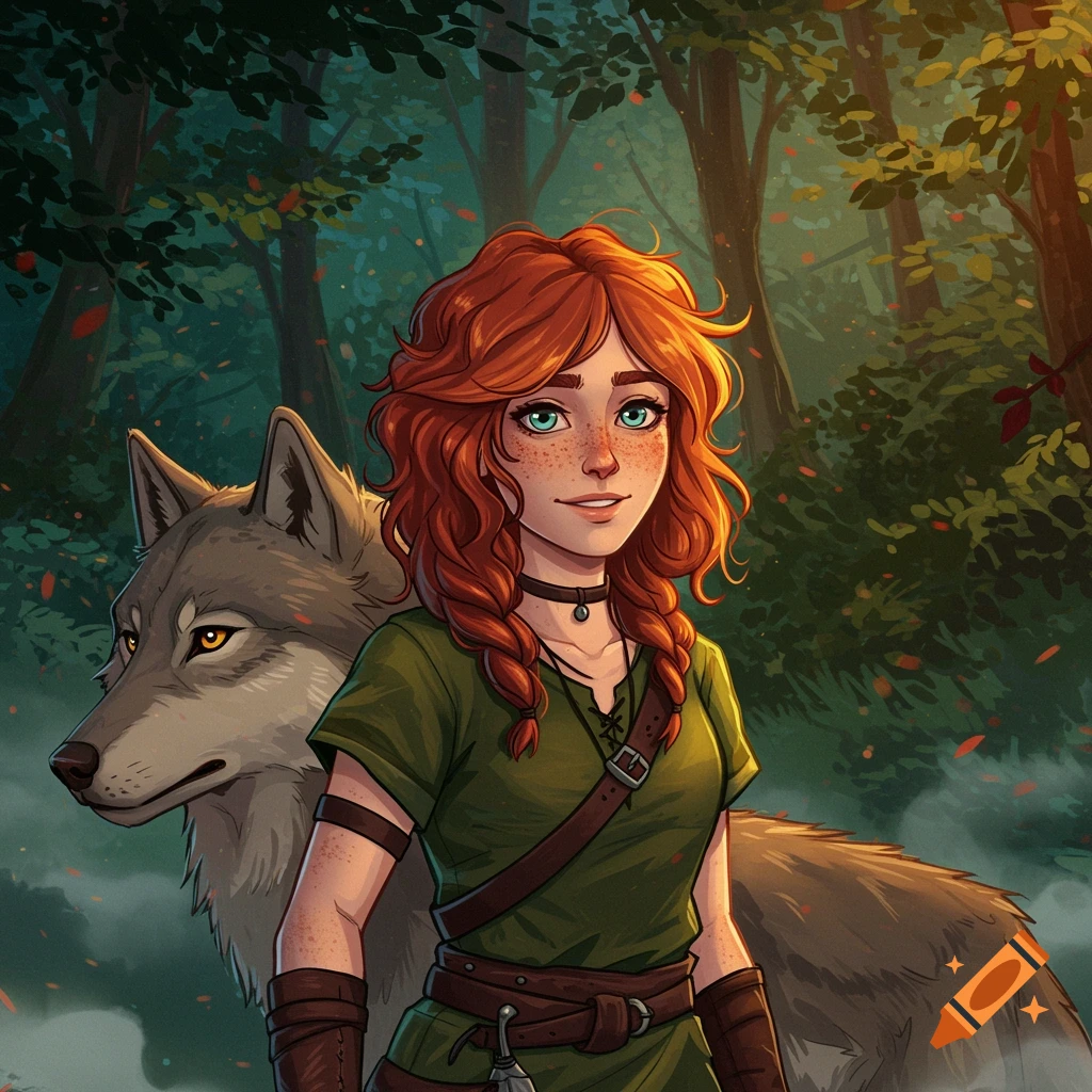 An illustration of a red-haired girl with a wolf in a forest, in a stylized art style.