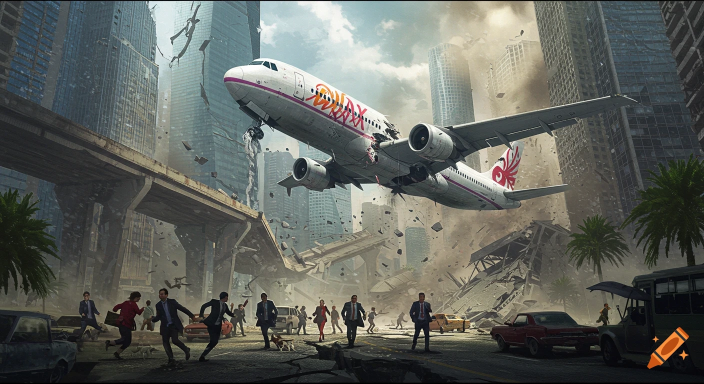 A large passenger plane crashes through a devastated city with skyscrapers toppling and a bridge collapsing. People run in panic as debris flies around.