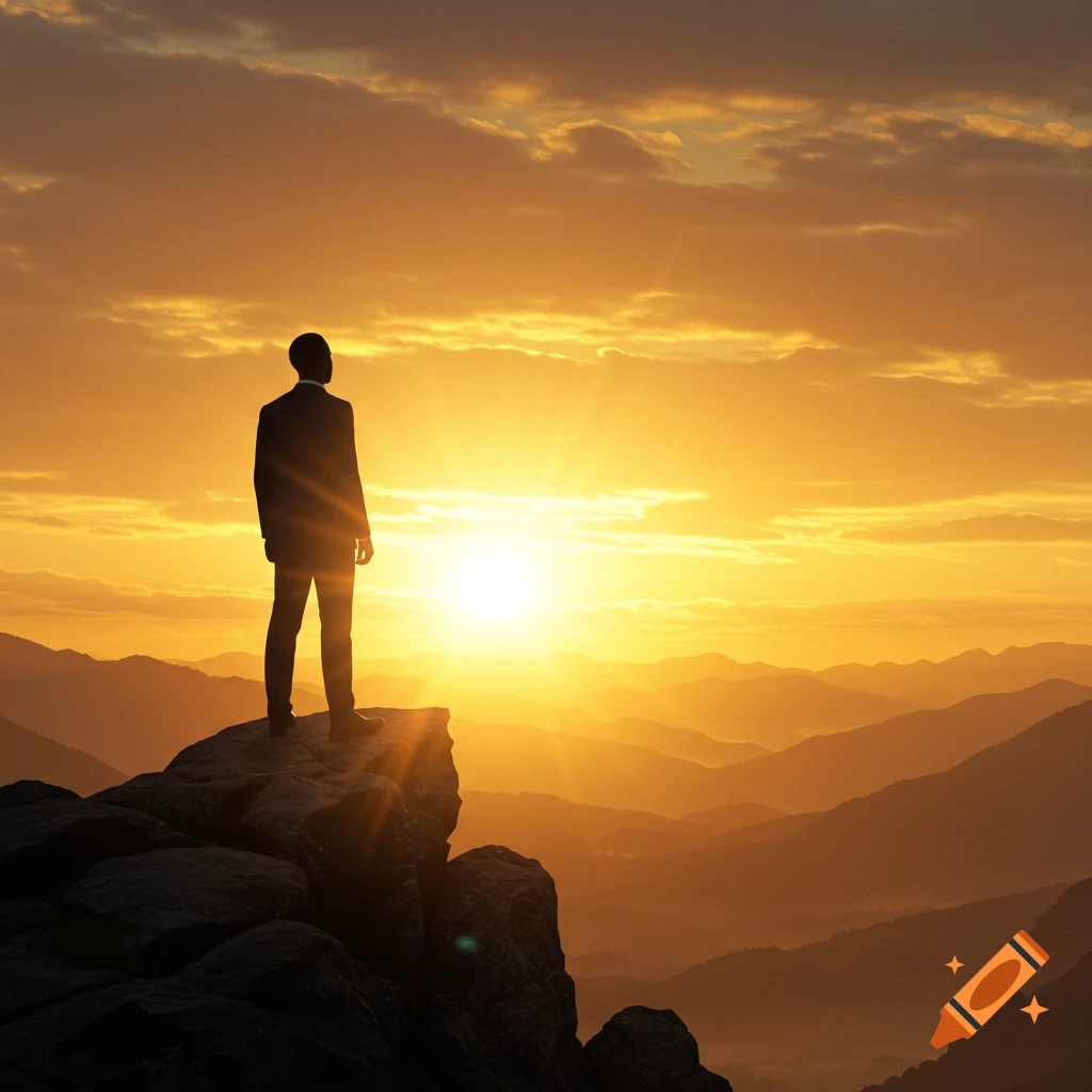 A silhouetted man stands on a mountain peak looking at a vibrant golden sunset over a vast mountain range.