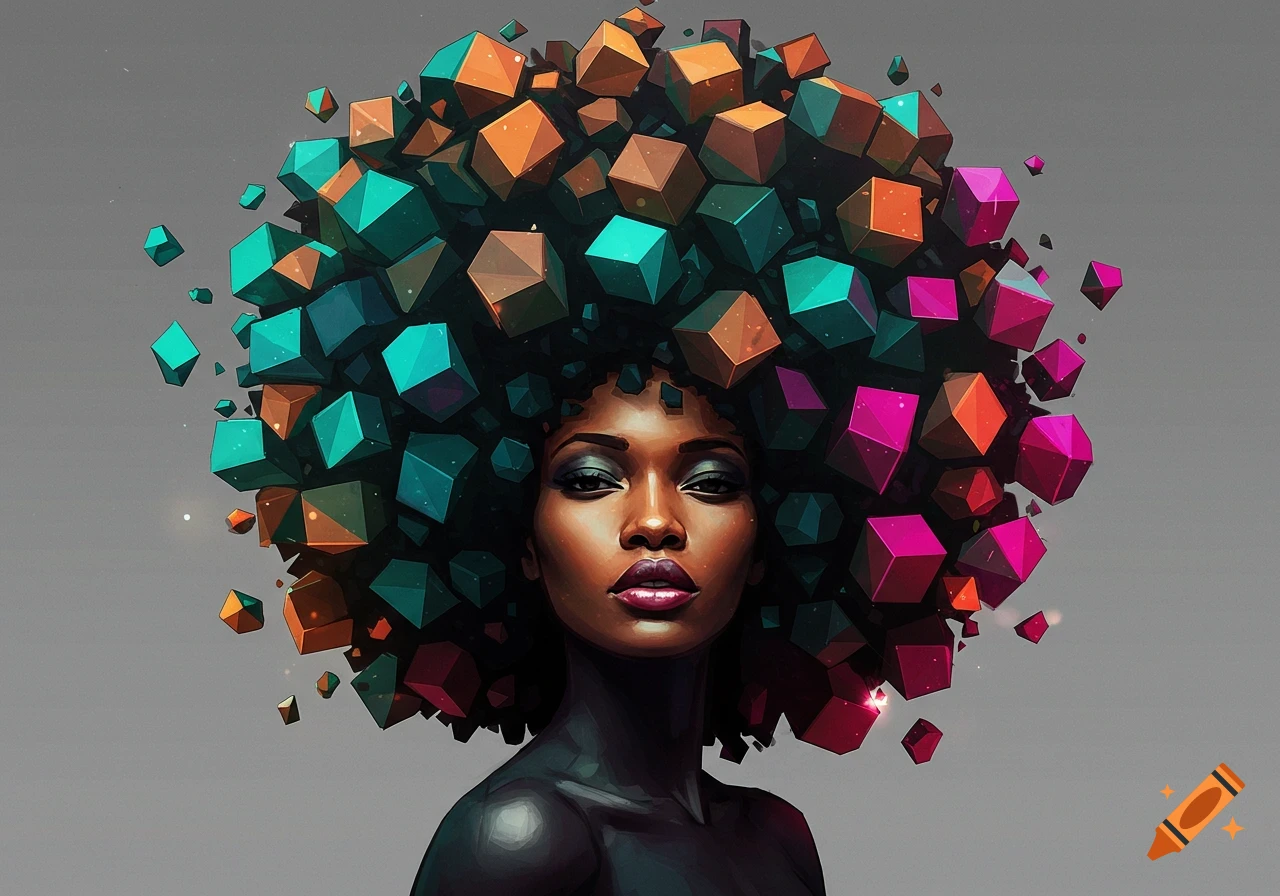 A vibrant portrait of a woman with dark skin and a voluminous afro made of colorful geometric shapes against a grey background.