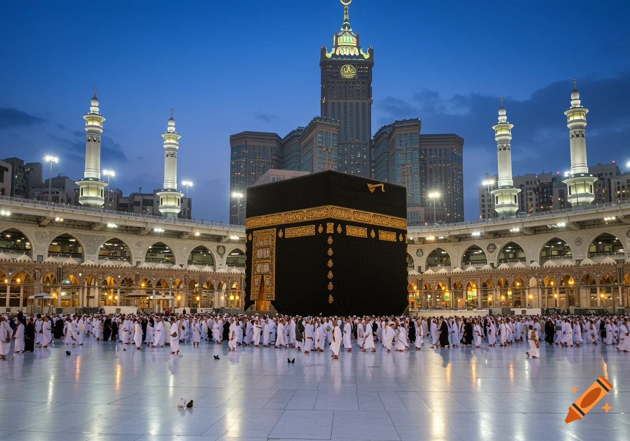 Photorealistic image of the Kaaba, a large black cube building, surrounded by numerous pilgrims in a vast white courtyard at dusk, with a tall clock tower in the background.