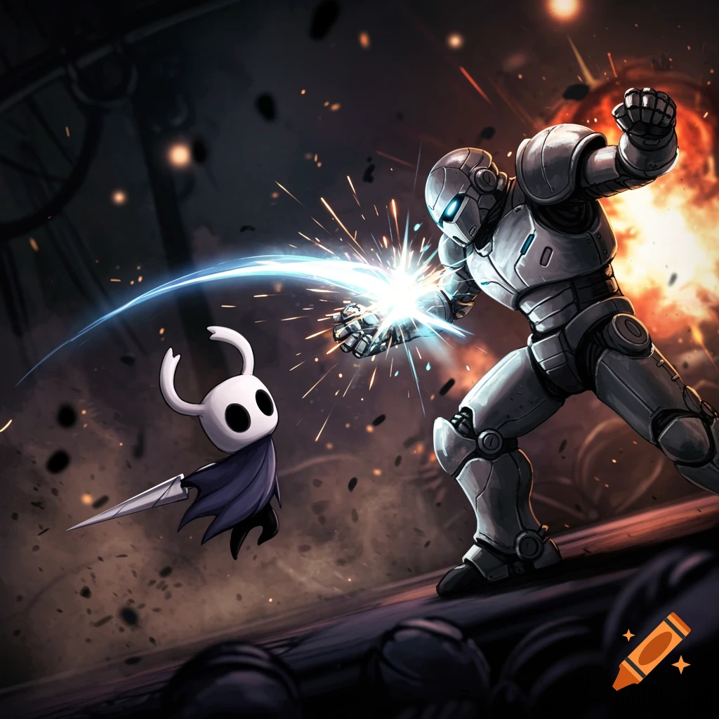 The Hollow Knight attacks BT-7274, a large robot, with a bright blue energy slash in a dark, fiery scene.