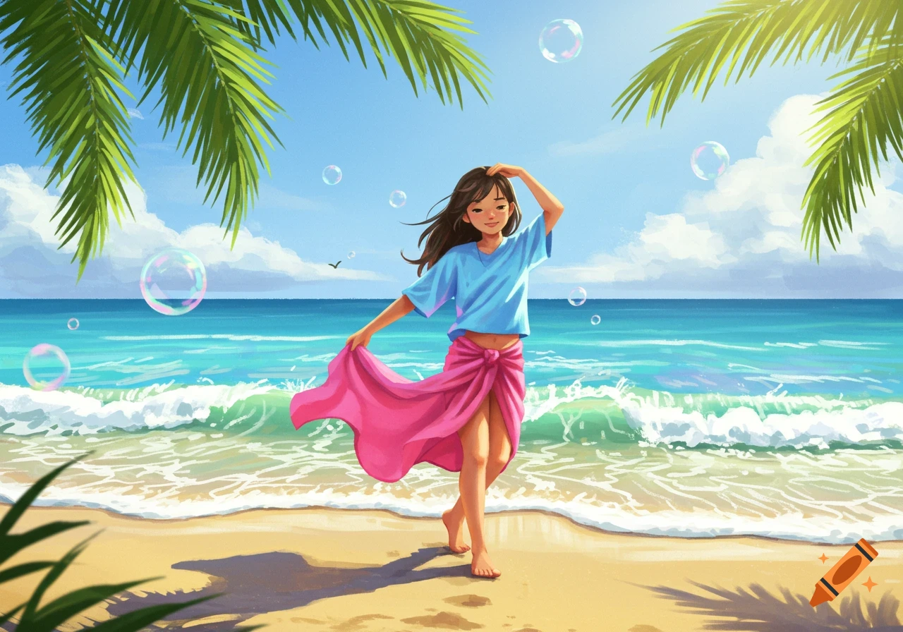 An illustration of a girl in a blue shirt and pink sarong on a sunny beach with palm trees and bubbles.