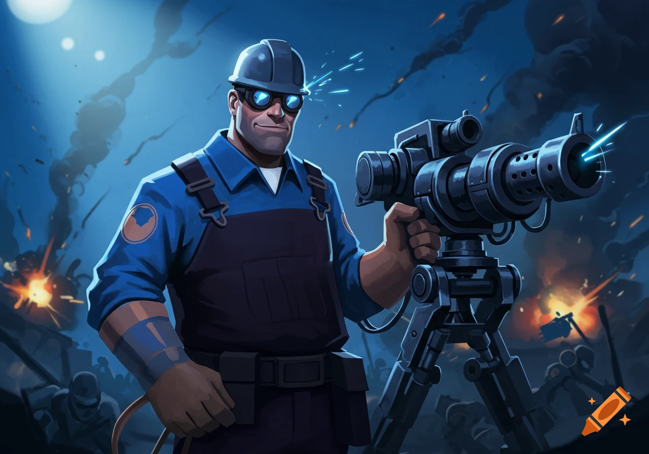 A stylized blue-suited engineer with glowing goggles and a helmet holds a large sci-fi sentry gun in a dark, explosive battle scene.