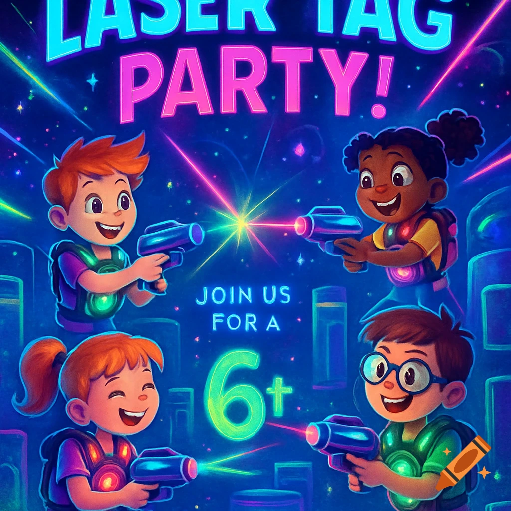 Four happy cartoon children play laser tag in a neon-lit arena, with text for a 'Laser Tag Party!' invitation.