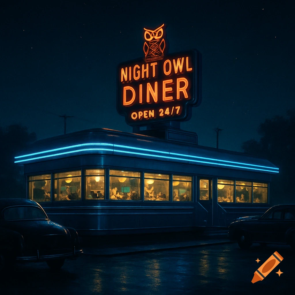 A neon-lit Night Owl Diner at night with blue neon trim, glowing windows, and two cars parked outside on wet asphalt.