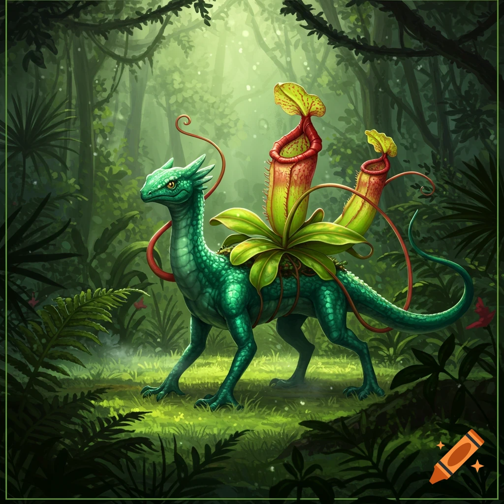 A green reptilian creature with large red and yellow pitcher plants growing from its back, standing in a lush, misty jungle.
