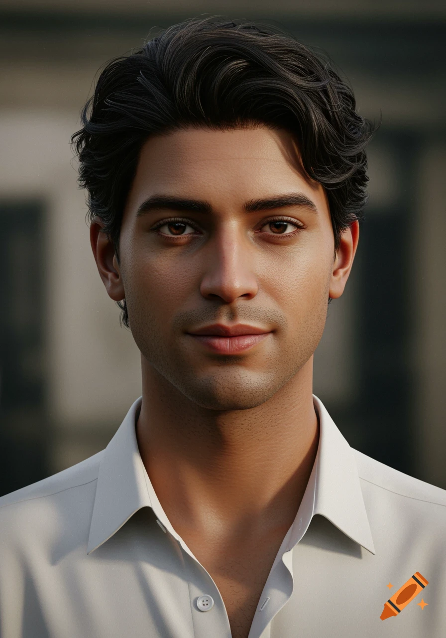 A photorealistic close-up portrait of a young man with dark hair and olive skin wearing a light collared shirt. The background is softly blurred.
