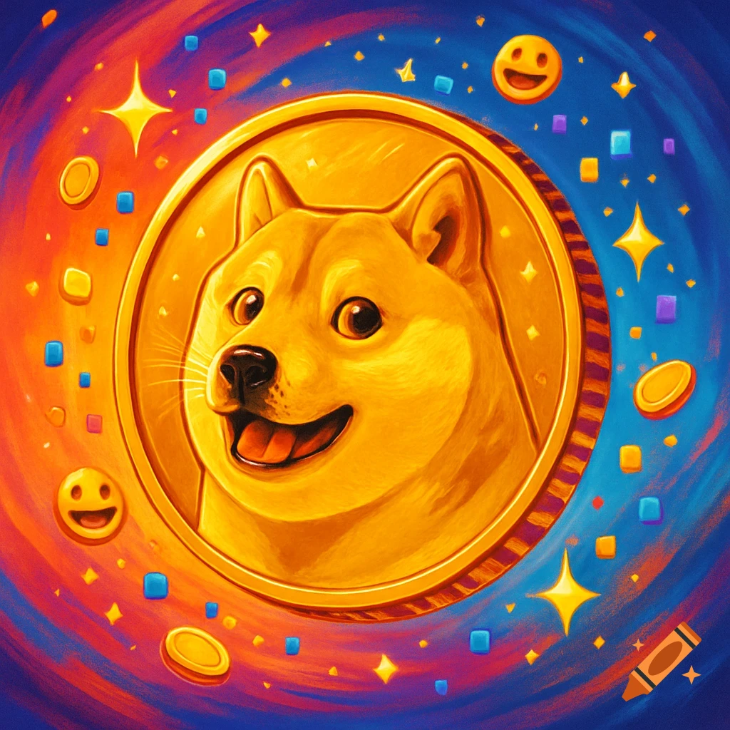 A vibrant, stylized illustration of a gold coin featuring a Shiba Inu dog's head, set against a swirling blue and orange background with stars, smaller coins, and smiling emojis.