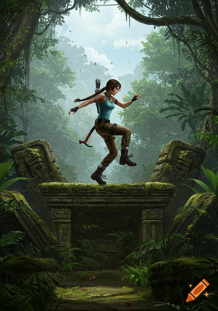 Lara Croft, an adventurer, jumps over moss-covered ancient ruins in a lush, sunlit jungle.