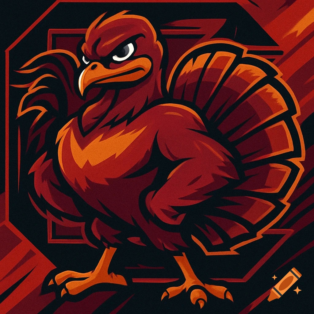 A stylized cartoon red and orange turkey mascot with an angry expression, similar to a sports logo.