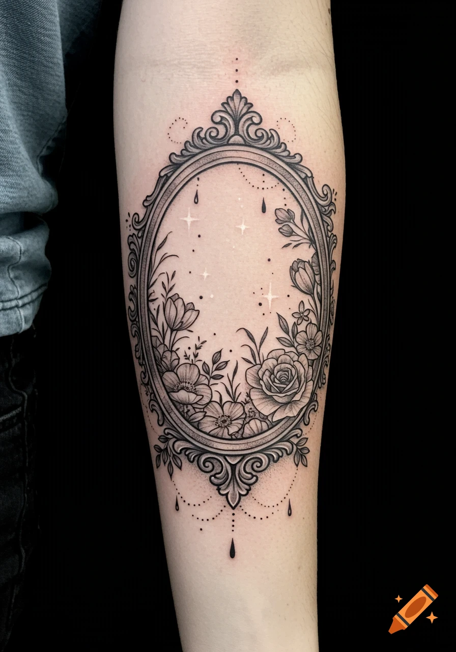 Black and grey tattoo of an ornate oval frame filled with wildflowers and roses on a forearm.