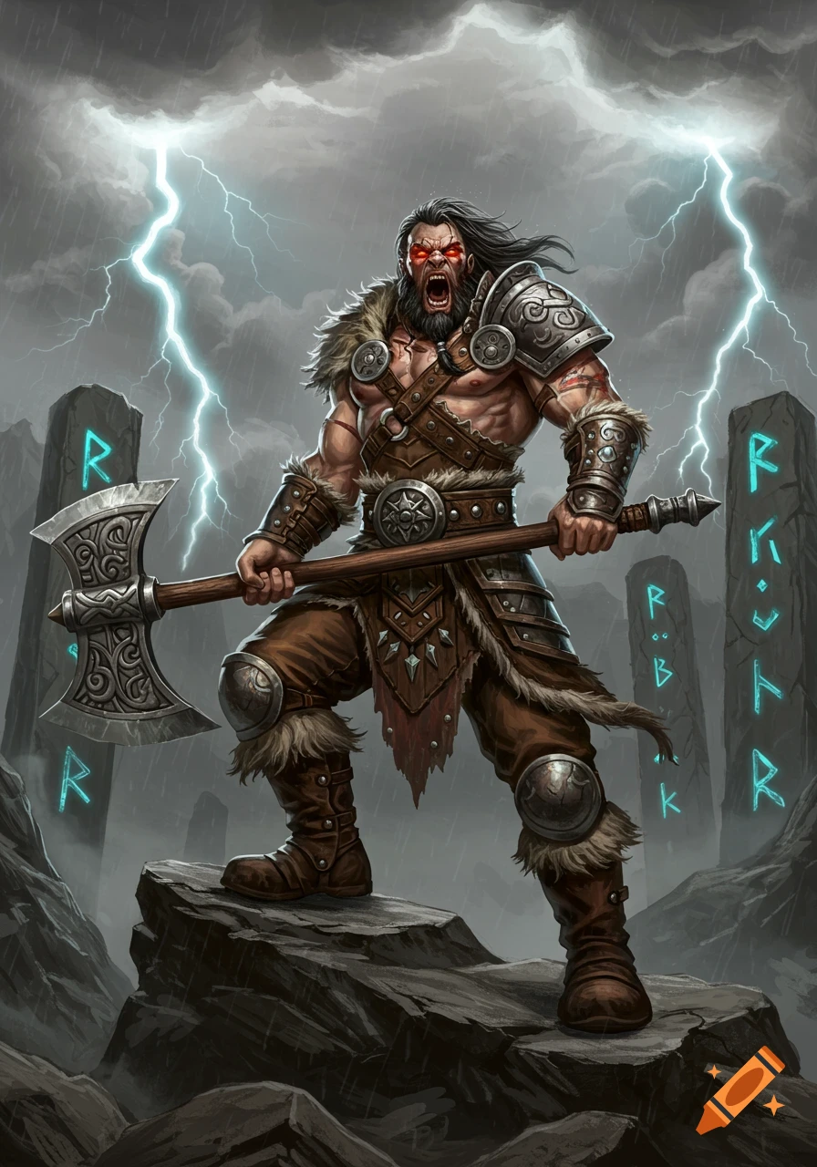 A fierce barbarian with glowing red eyes and an axe stands on a rock under stormy lightning skies, with runic pillars in the background.