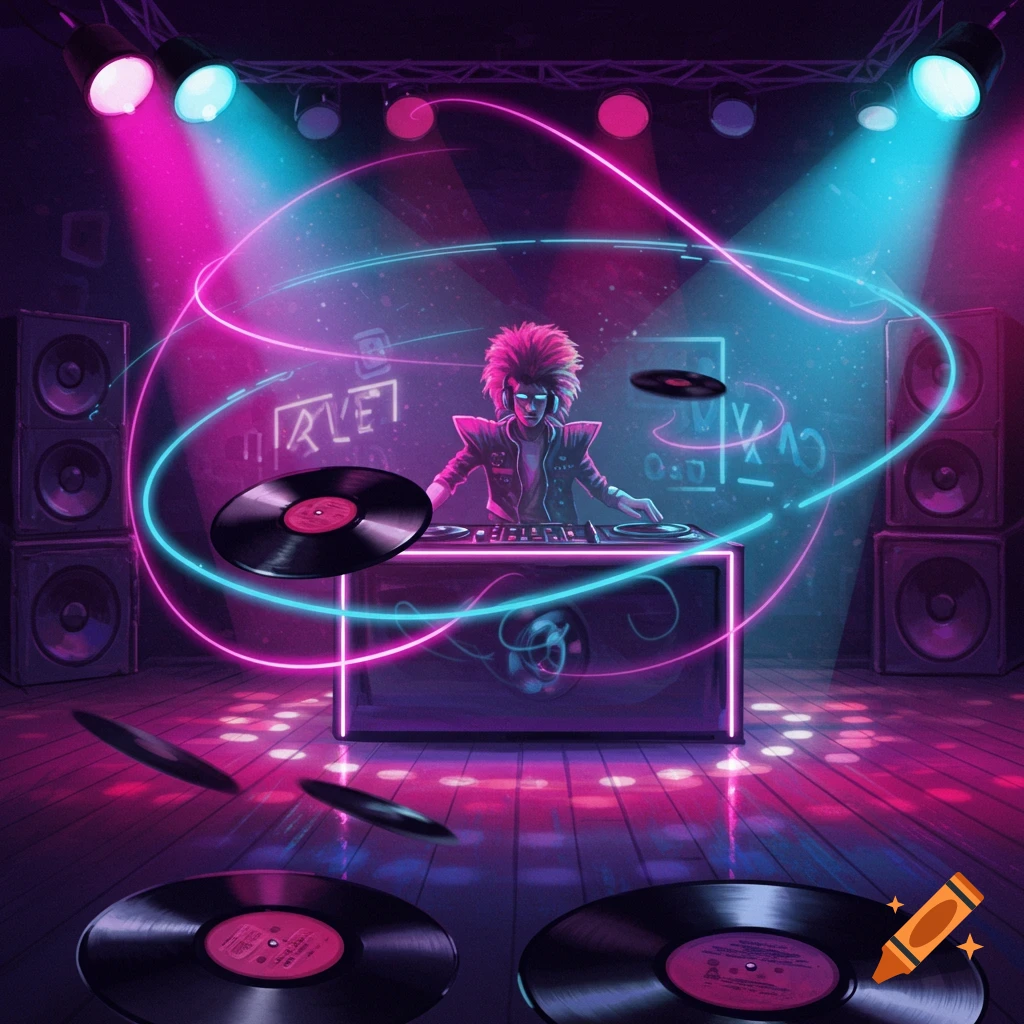 A neon-lit DJ with spiked hair plays records in a synthwave club, surrounded by floating vinyl and glowing light trails.
