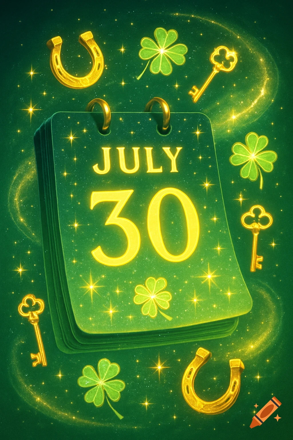 Vibrant illustration of a green calendar displaying 'JULY 30' surrounded by golden horseshoes, keys, and four-leaf clovers, with sparkling stars.
