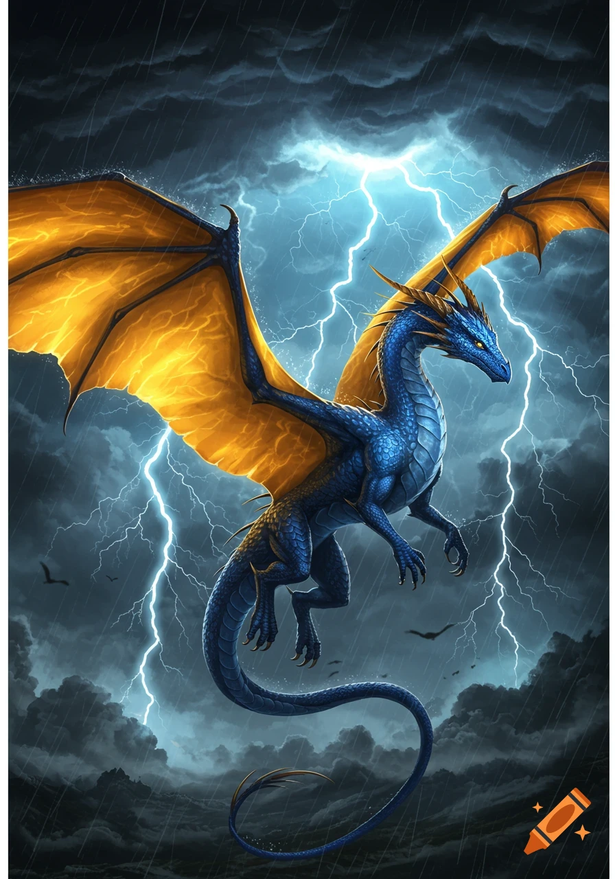 A blue dragon with golden wings soars through a dark, stormy sky illuminated by lightning.