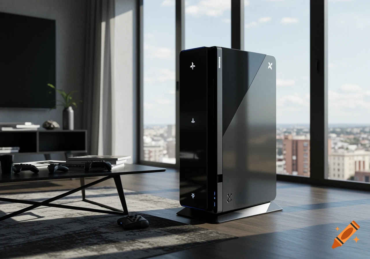 A sleek black futuristic gaming console stands upright in a modern living room with game controllers on a coffee table and city views from a large window.