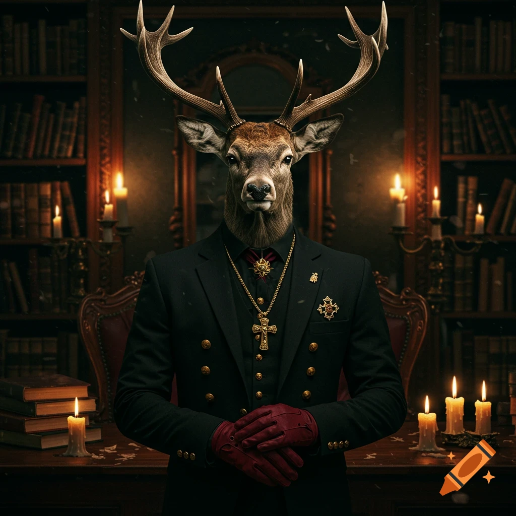 A dapper deer-headed man in a black suit with gold buttons and a cross necklace stands in a dimly lit library, lit by candles. Photorealistic.