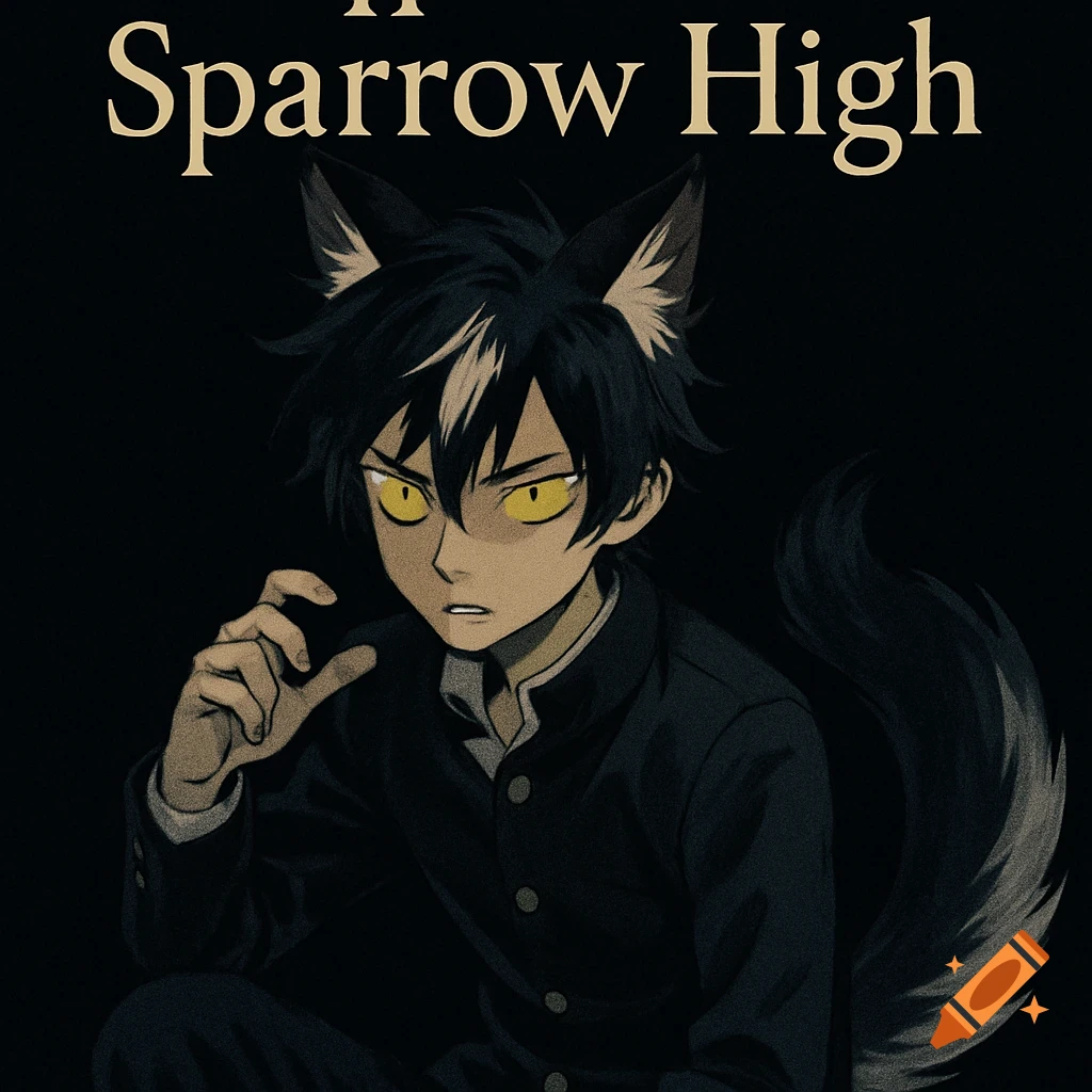 An anime wolf boy with black hair and white streaks, yellow glowing eyes, and a tail, wearing a school uniform, against a dark background with the partial title 'Sparrow High'.