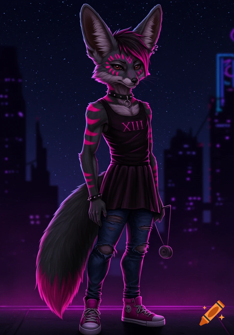 A stylized digital painting of a fennec fox character with pink-streaked dark fur, wearing a black tank top with "XIII", ripped jeans, and pink sneakers, standing in a neon-lit city at night.