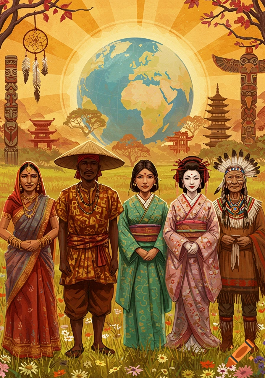 Five diverse people in traditional clothes stand in a field with cultural landmarks and a large globe behind them, under a bright sun.