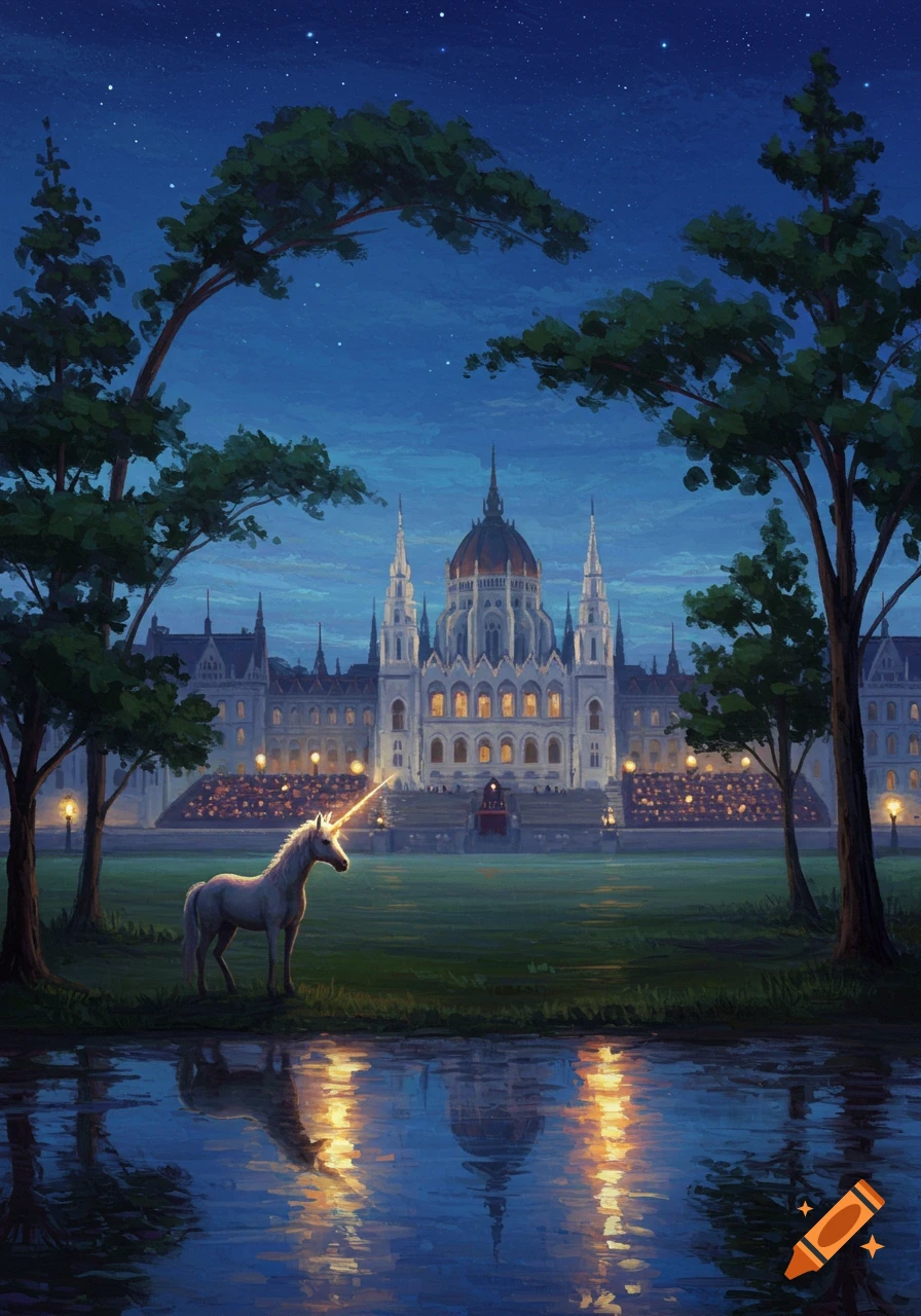 An oil painting depicts a unicorn standing by water reflecting a grand illuminated parliament building at night under a starry sky, with trees framing the scene.