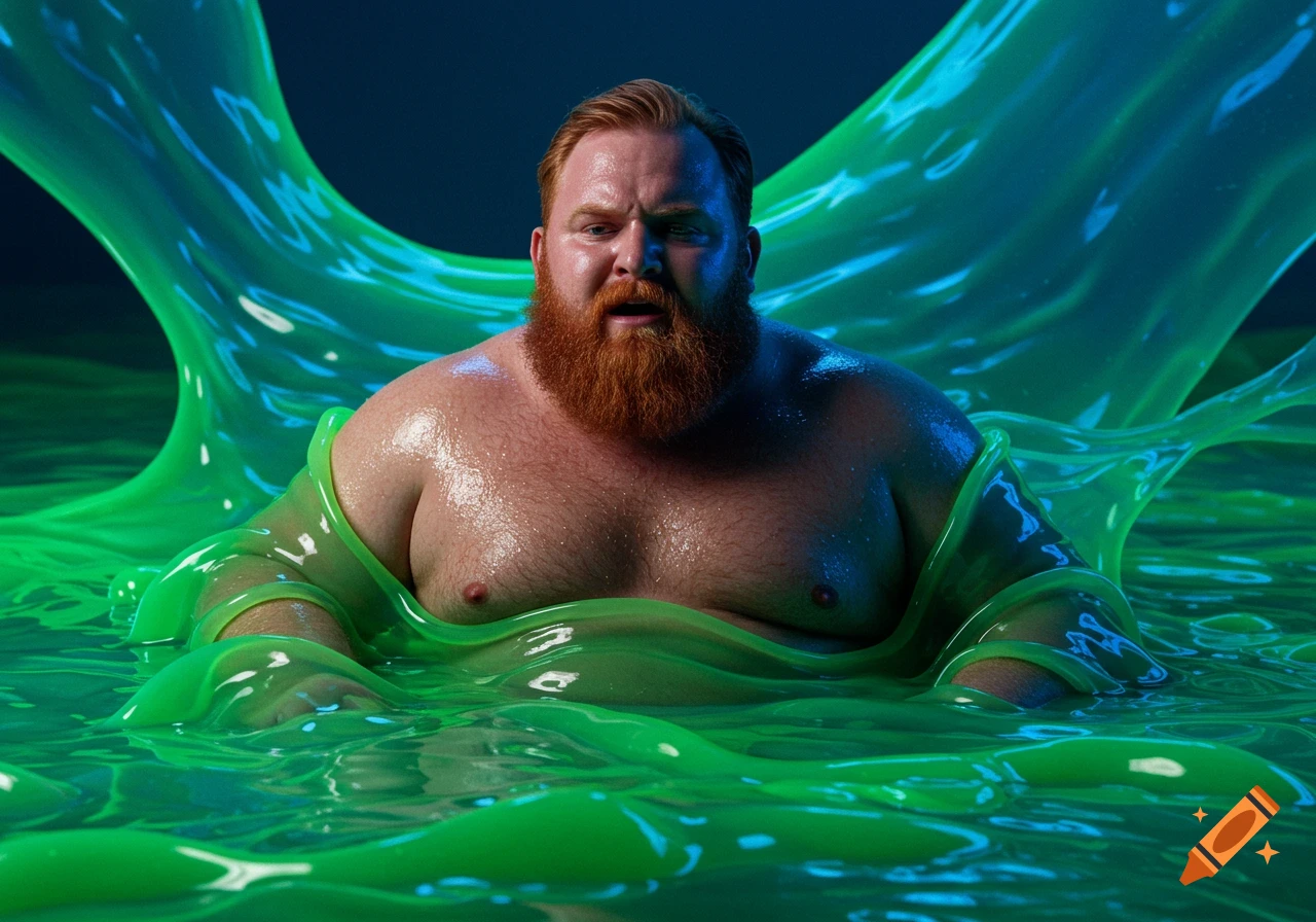 A red-bearded, shirtless, chubby man struggles while submerged in glowing green slime. Photorealistic.