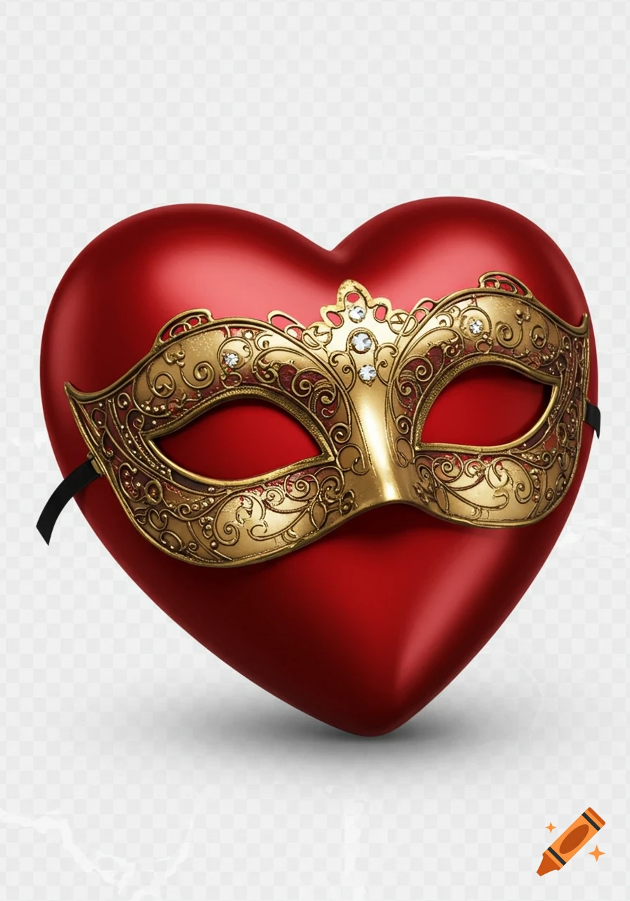 A vibrant red heart is adorned with an ornate gold masquerade mask featuring small diamonds, against a transparent background.