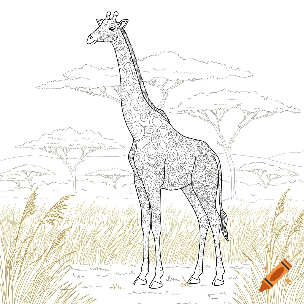 Outline of a giraffe with intricate patterns standing in a savanna with trees and tall grass, suitable for coloring.