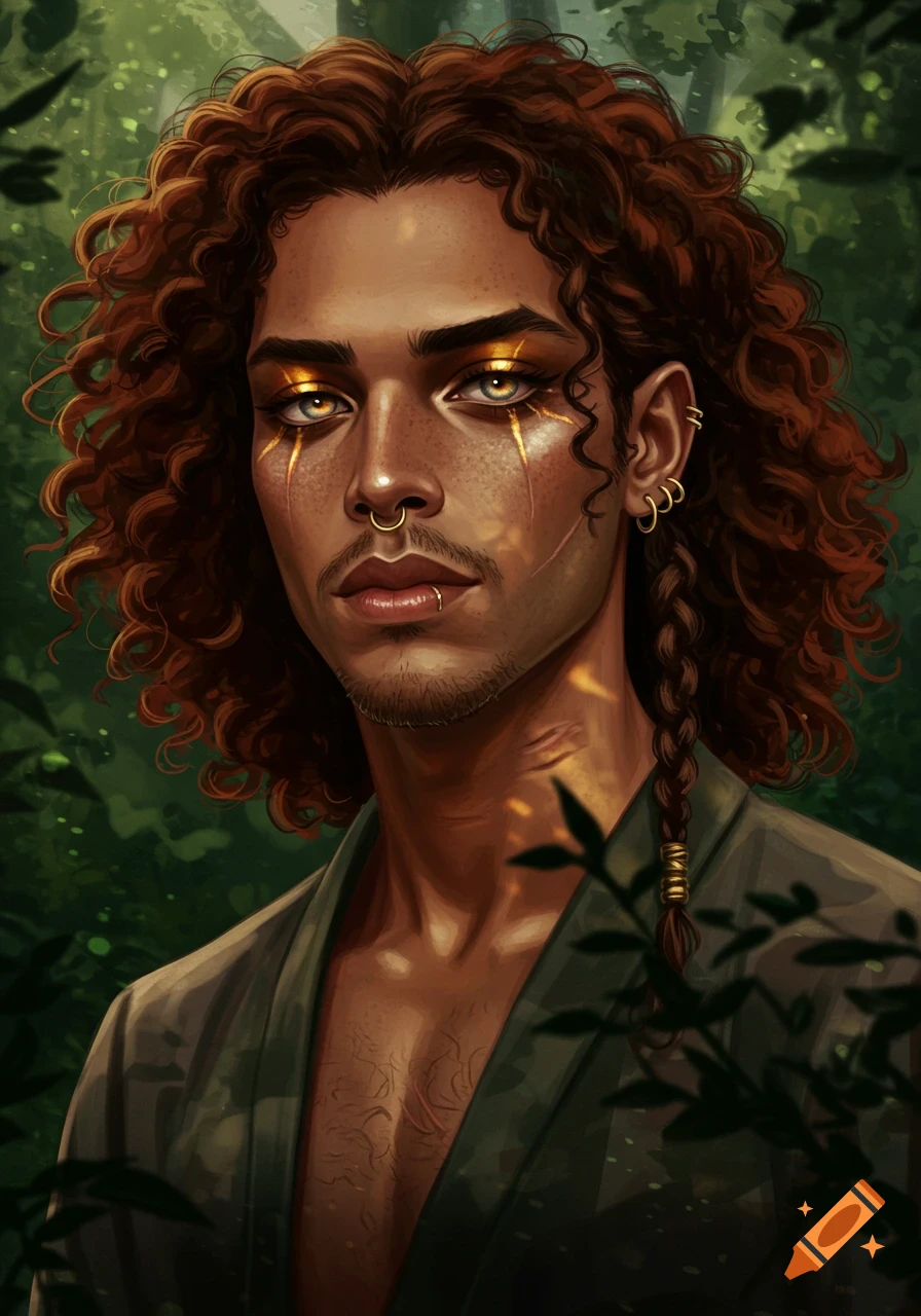 A fantasy portrait of a man with long curly brown hair, golden eye makeup with tear-like streaks, facial scars, and piercings, set against a dark green jungle background.