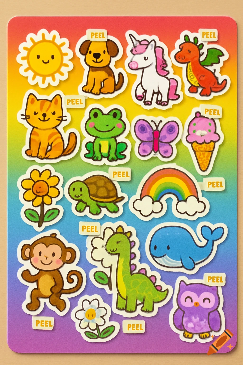 A colorful sticker sheet for children featuring cartoon animals, a sun, a rainbow, and ice cream, each with a 'PEEL' tab.