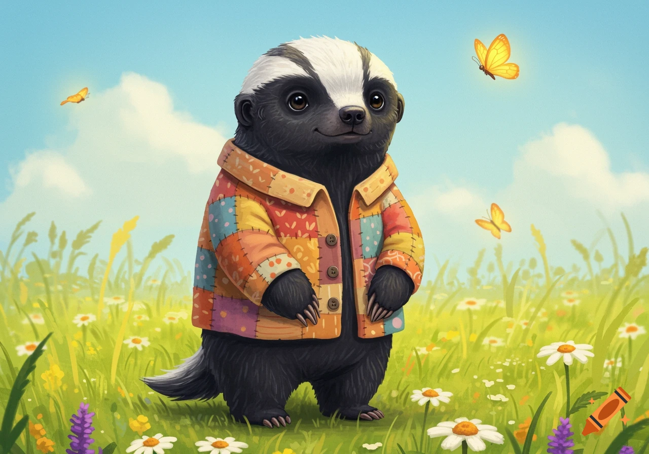 A cute cartoon badger wearing a colorful patchwork jacket stands in a sunny green field with flowers and butterflies.