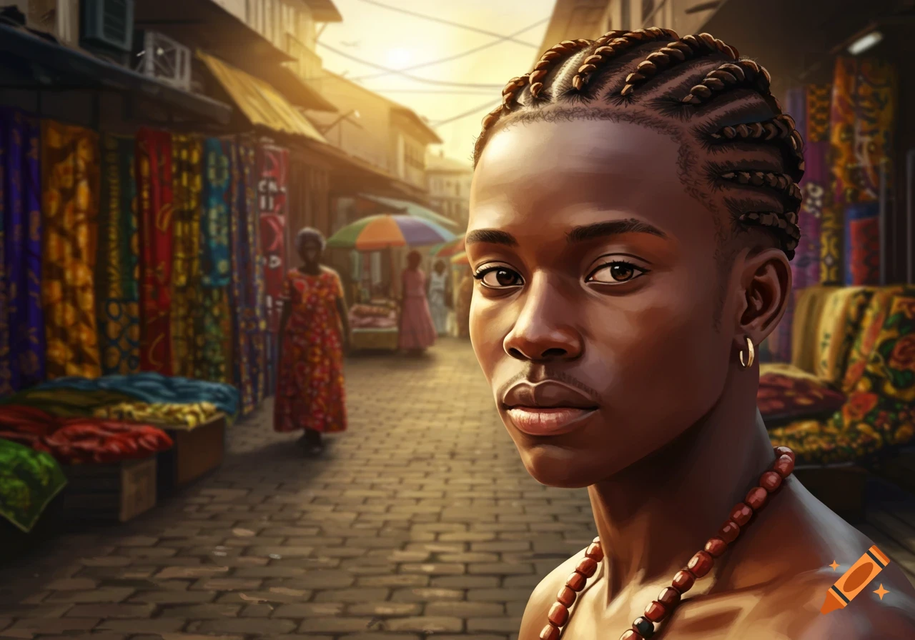 A close-up portrait of a person with cornrows looking at the viewer in a bustling market street with colorful fabrics.