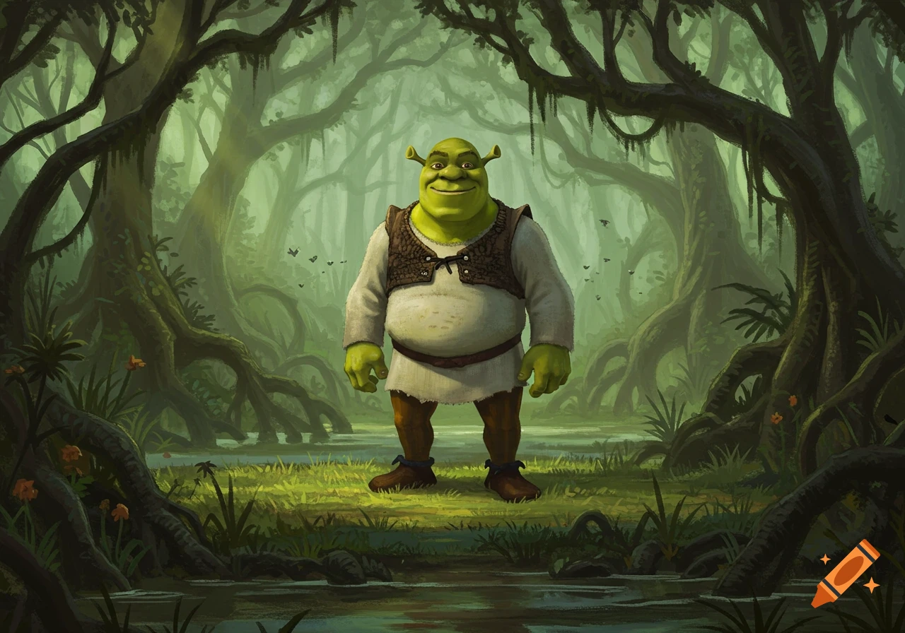 A digital painting of Shrek smiling and standing in a misty, dark green swamp forest with tall trees.