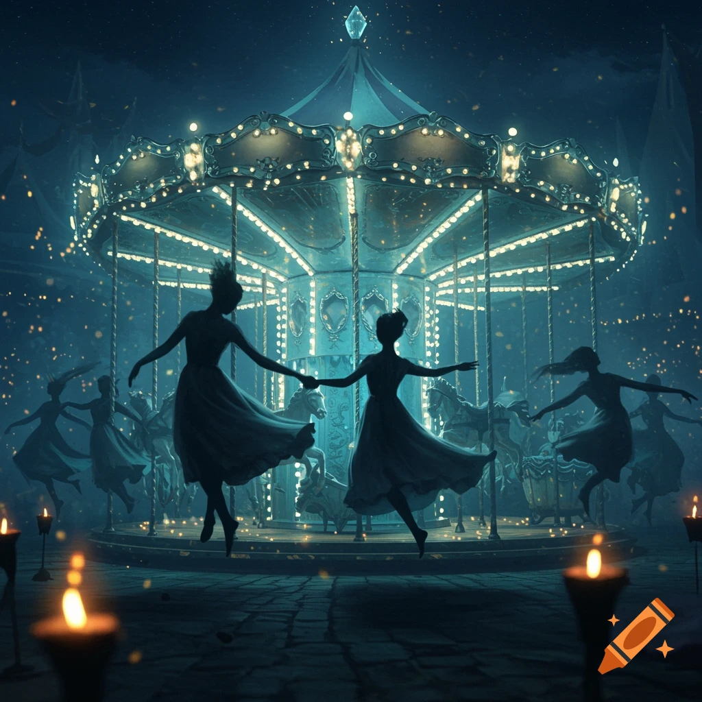 Silhouettes of figures dancing around a brightly lit carousel at night, with glowing embers.