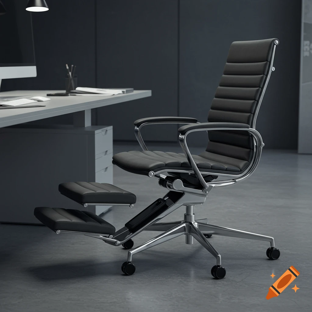 A modern black office chair with a high backrest and an extended two-tiered footrest sits in a minimalist office setting.