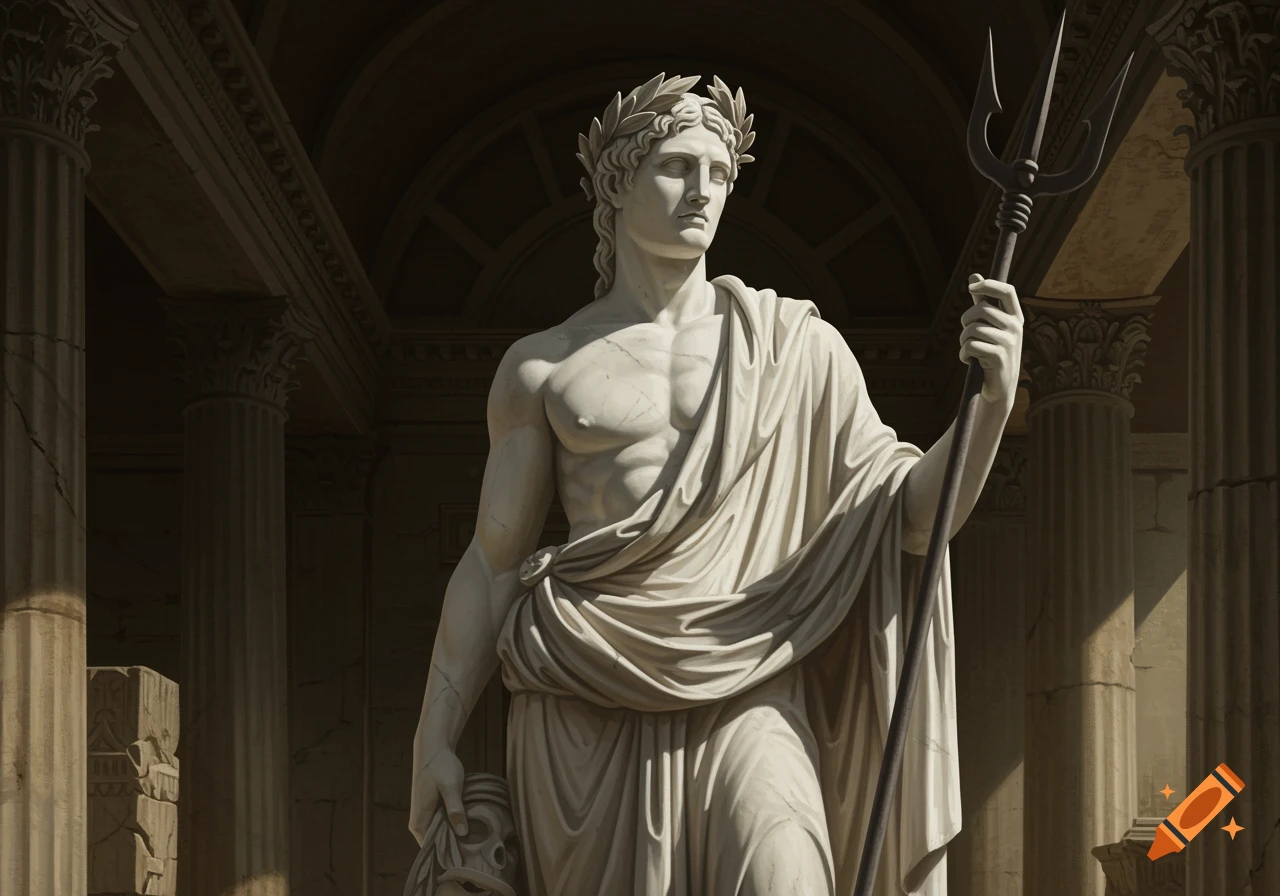 A majestic marble statue of a Roman god, wearing a laurel wreath and cloak, holding a bident, in a classical temple setting.
