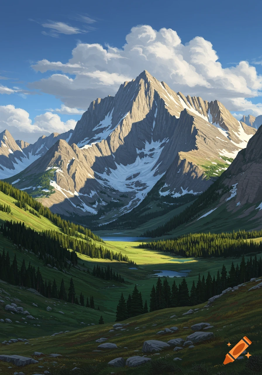 Grand snow-capped mountains rise above a lush green valley with forests and lakes under a blue sky.
