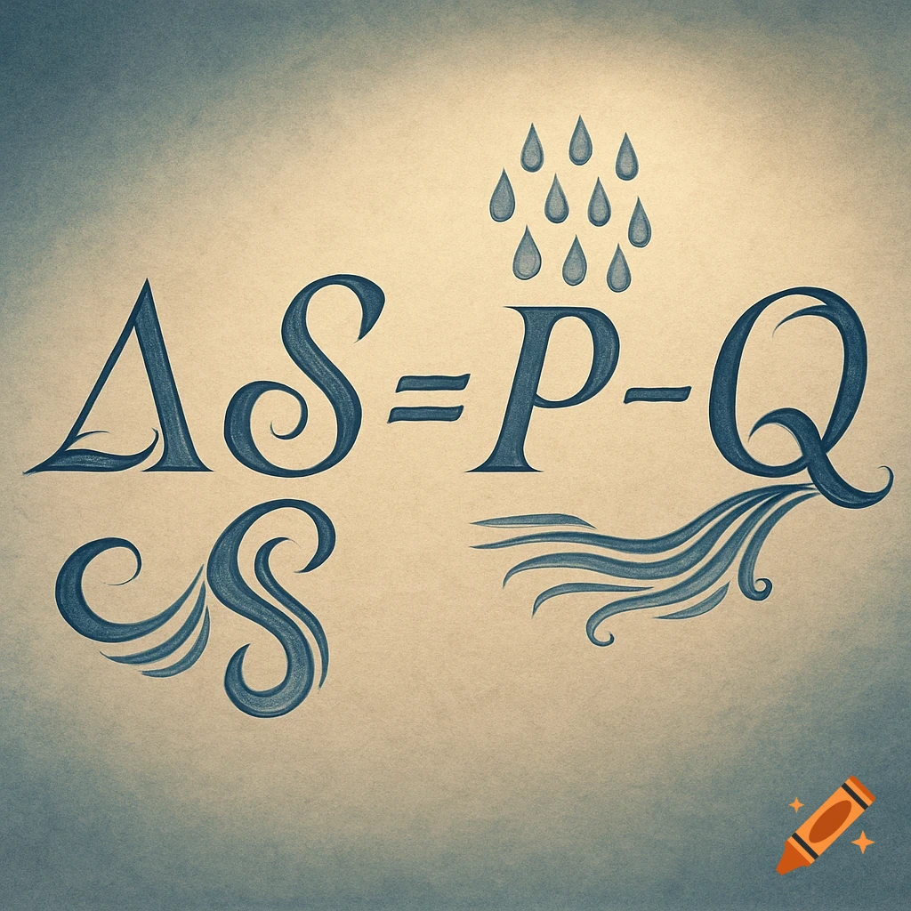 Stylized mathematical equation "ΔS=P-Q" with water drops and waves on a textured background, rendered in blue.