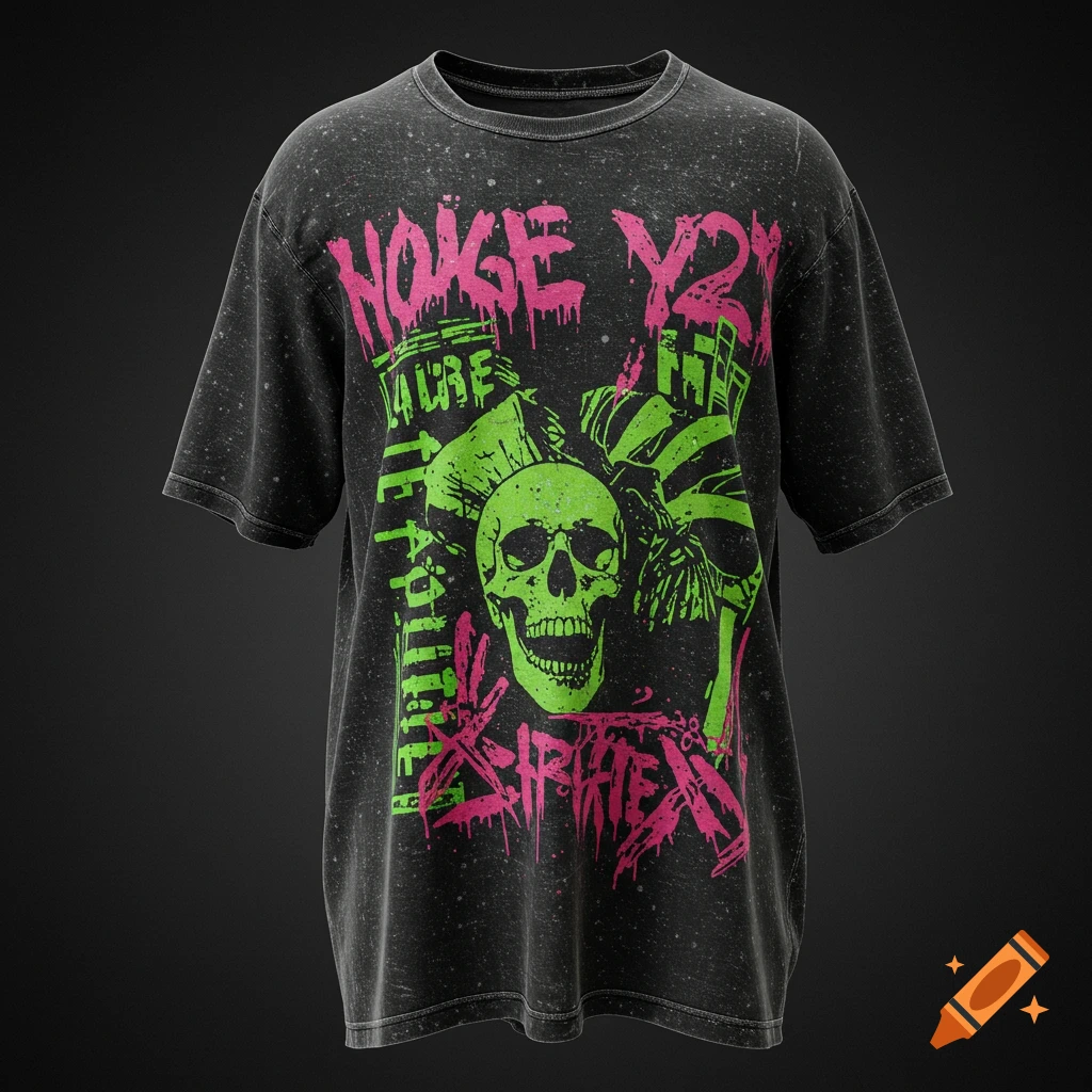 A dark gray distressed t-shirt with a neon pink and green grunge graphic featuring two skulls and stylized text.