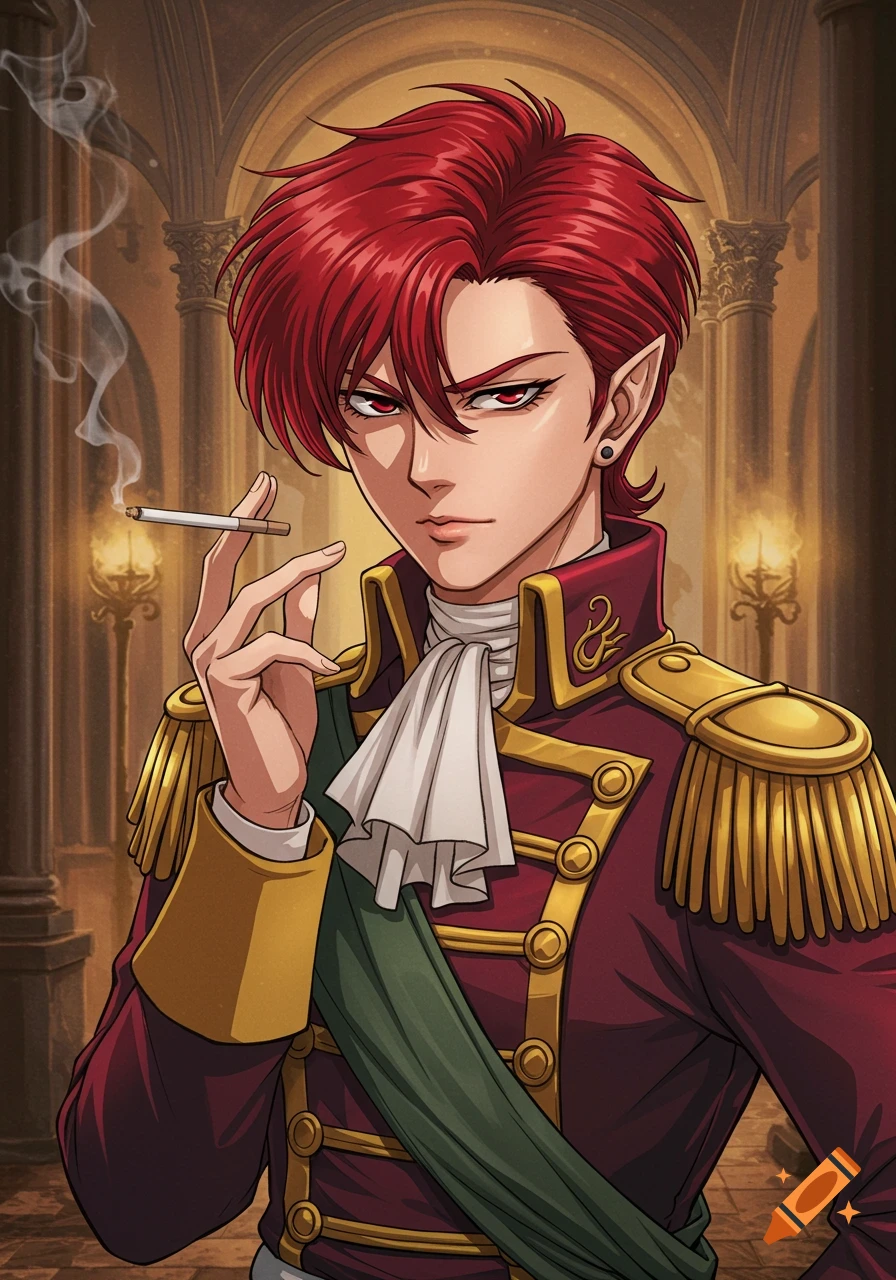 An anime-style character with red hair and pointed ears, dressed in a red 17th-century military uniform, smokes a cigarette in a grand hall.