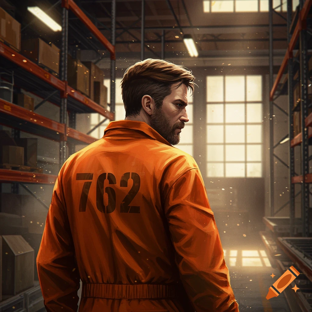A man in an orange jumpsuit with '762' on his back looks right in a warehouse setting.
