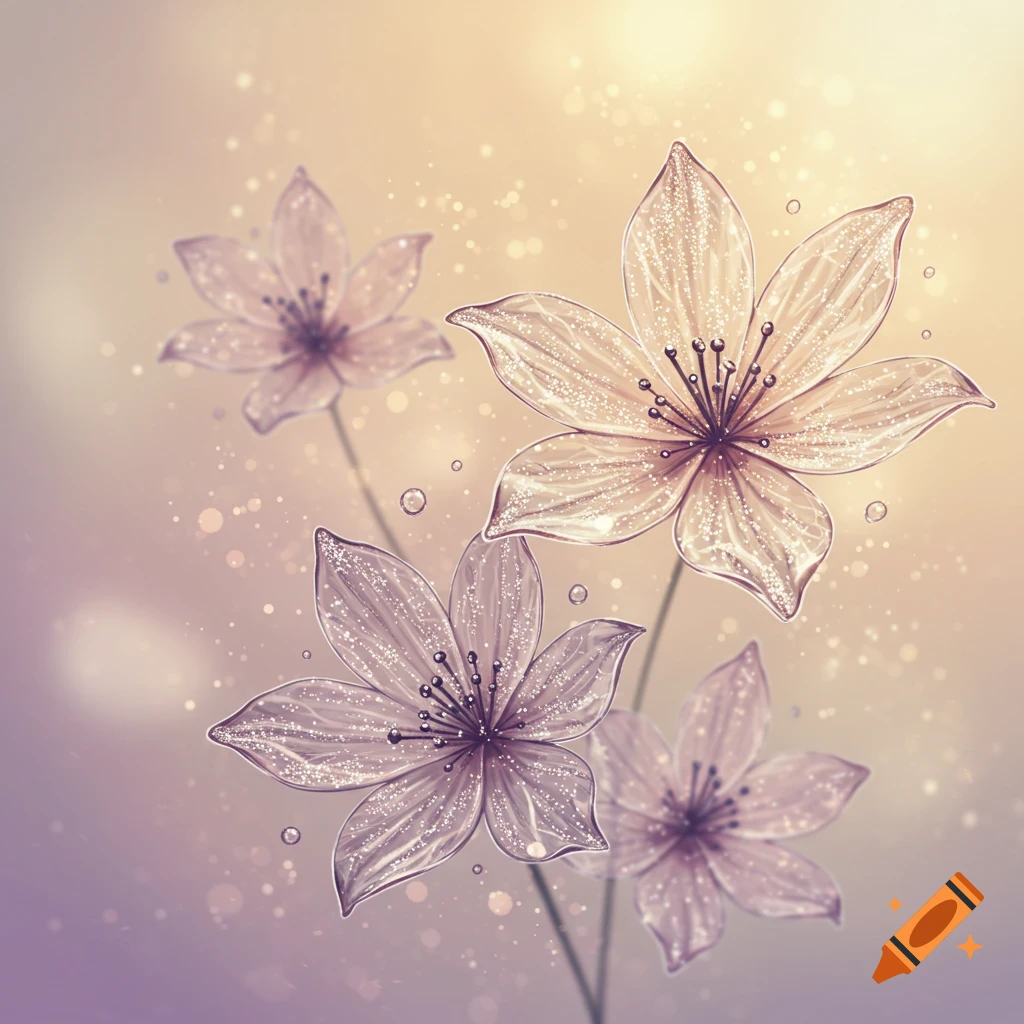 Translucent abstract flowers with glitter and bokeh effects on a light background.