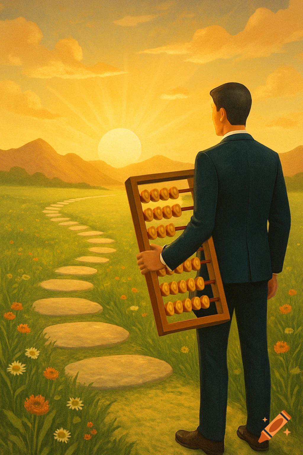 A man in a suit holds an abacus, looking towards a bright sunset over mountains with a winding path in a field of flowers. Illustration style.