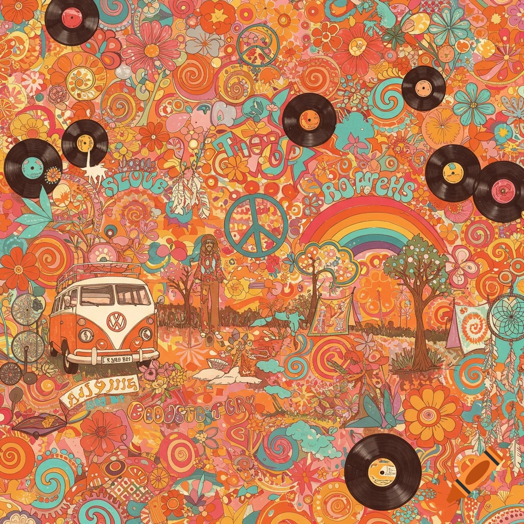 A vibrant, colorful psychedelic illustration with a hippie theme, featuring a VW van, peace symbols, flowers, vinyl records, a rainbow, and stylized text.
