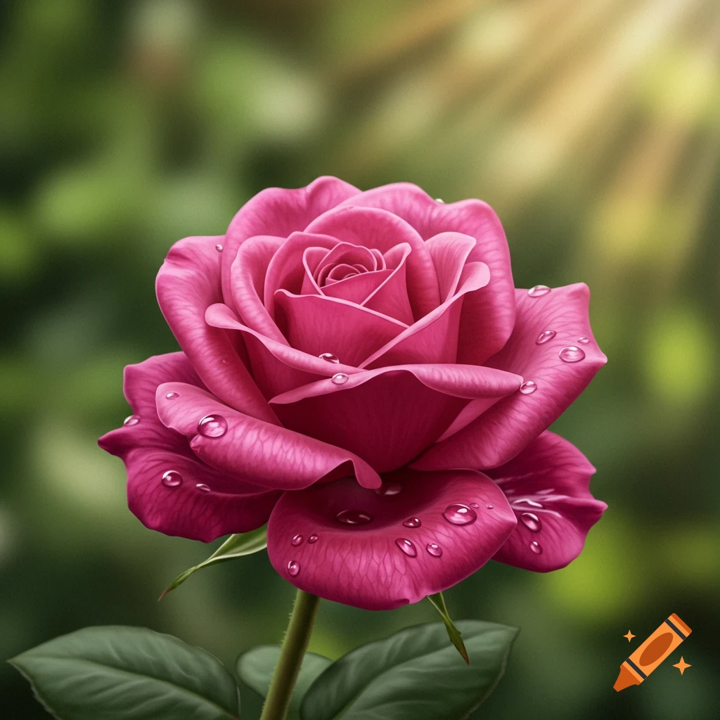A vibrant pink rose with water droplets on its petals, set against a soft green background with a sunbeam.