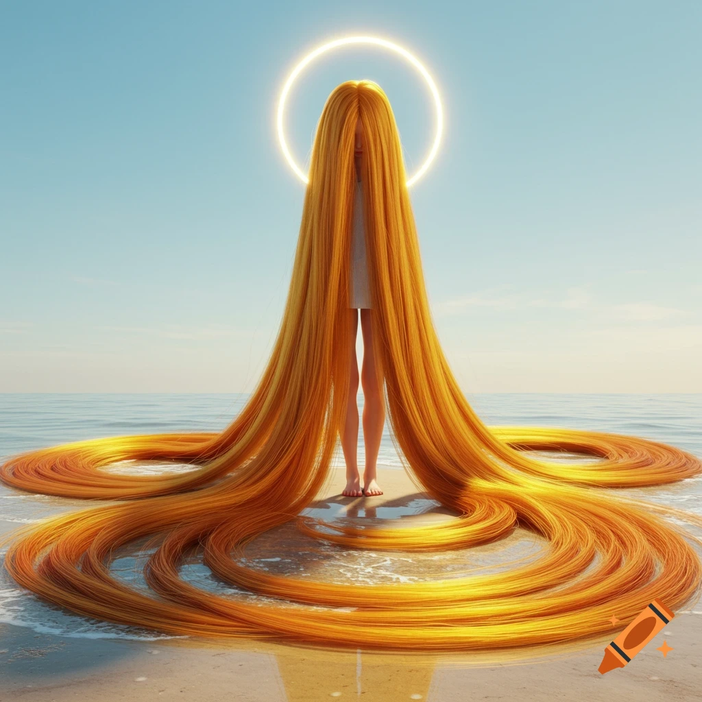 A figure with extremely long, golden hair standing on a beach, coils of hair on the sand and water. A glowing halo is above their head.
